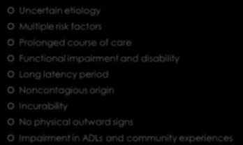 DEFINITIONS OF CHRONIC CONDITIONS Uncertain etiology Multiple risk factors Prolonged course of care Functional impairment and disability Long latency period Noncontagious origin Incurability No