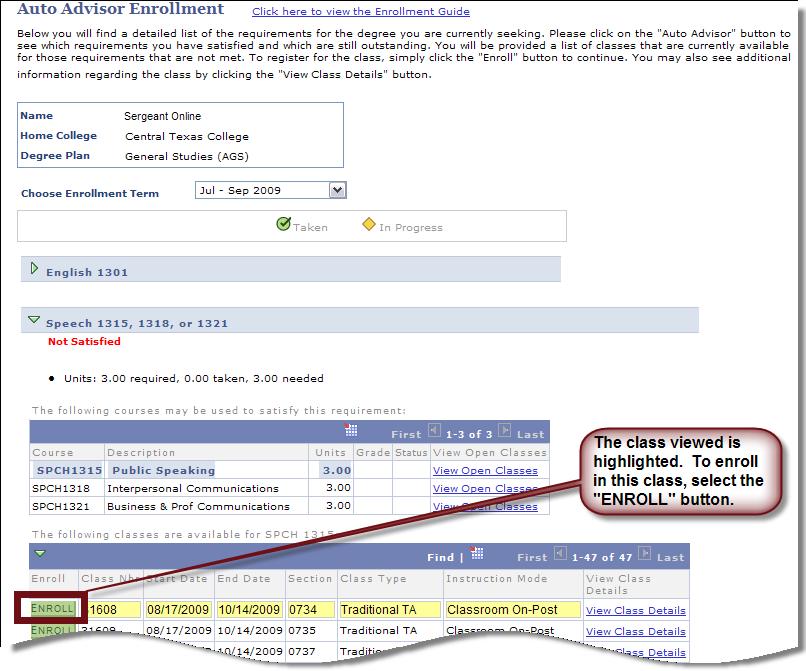 Step-by-Step Instructions Using Auto Advisor 9. The Auto Advisor Enrollment page appears.