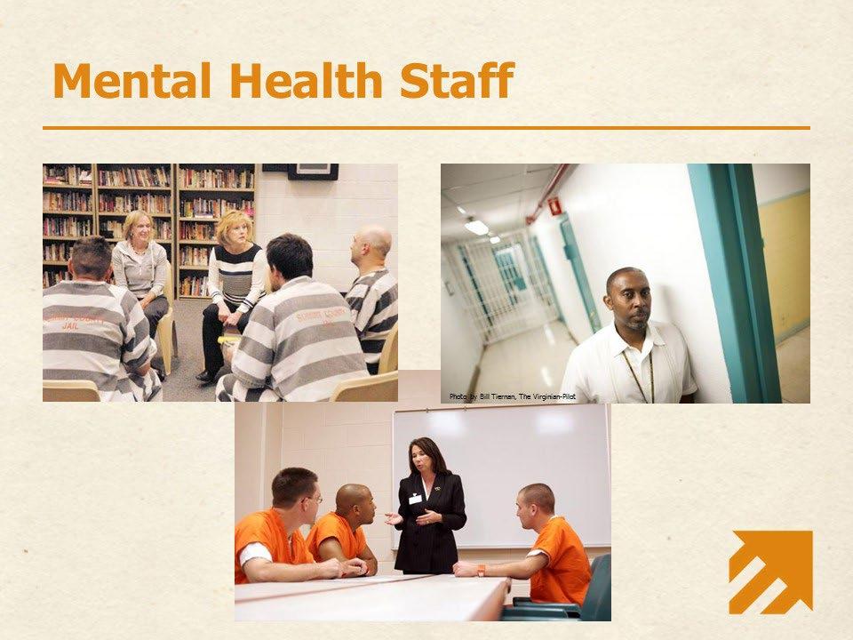 Slide 26 Mental health staff are also sometimes contractors and are sometimes employed directly by the facility or department.