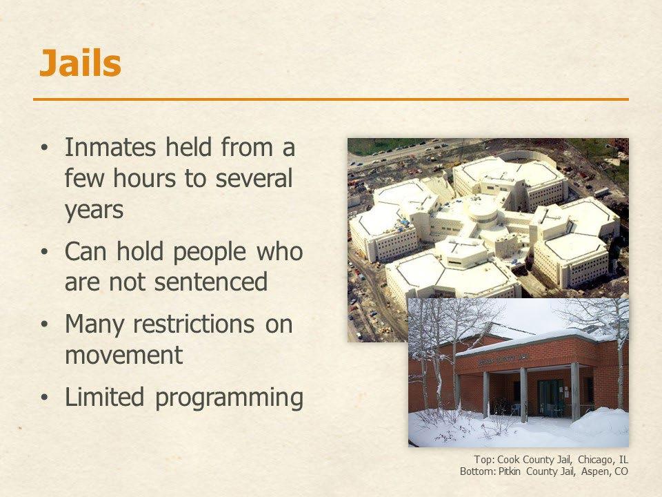 Slide 13 Jails are usually run by a county or city government, though there are jail systems run by the state.