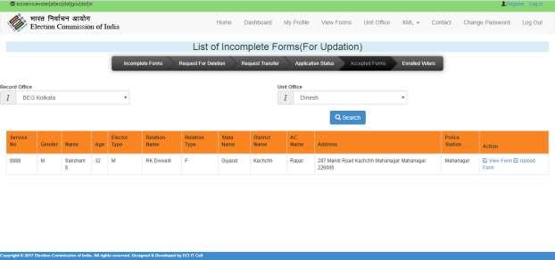 e) Accepted forms By clickin on the link Accepted forms the record officer can see the list