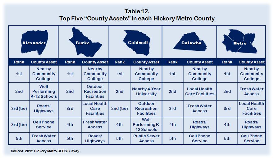 The county assets which were listed least often as satisfactory are listed below in Table 13.