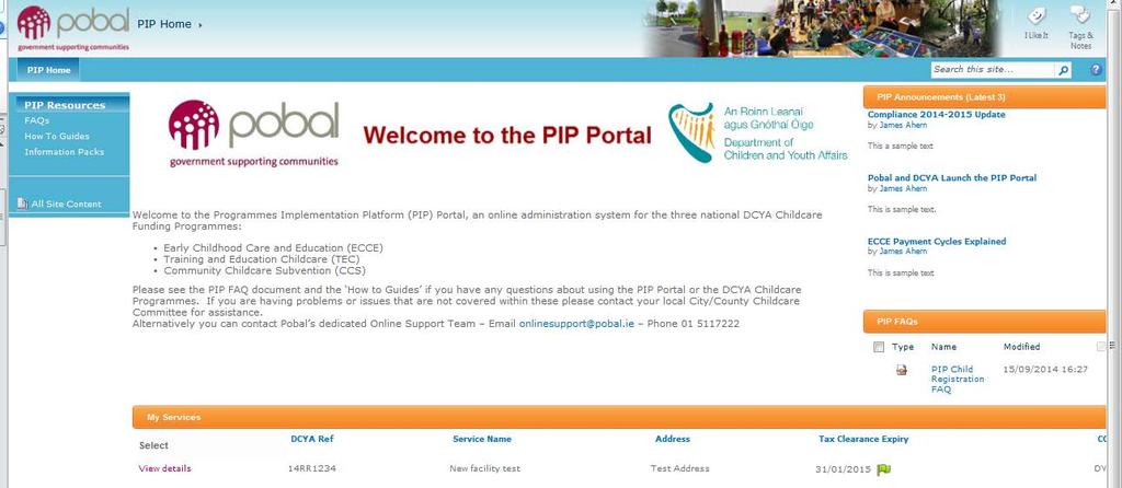 1. Navigating the PIP Portal Once logged-in, the PIP Homepage for the service will appear.