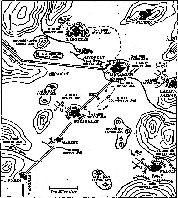 120 THE SOVIET-AFGHAN WAR Map 20. Sweeping Ishkamesh Badguzar with the mission of destroying weapons and ammunition caches.