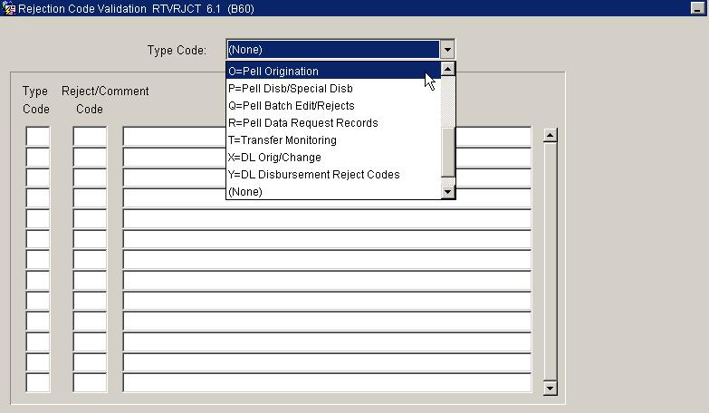 Reject Code Validation Table Purpose Procedure The Reject Code Validation Table (RTVRJCT) lists all Pell Acknowledgement reject codes that are posted to the student record on REAORxx and READIxx.