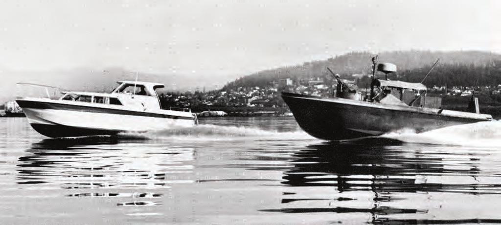 The 31- foot recreational cruiser, at left, was a mainstay of the early product line and sales; and modified and re-engineered, it became the highly successful PBR