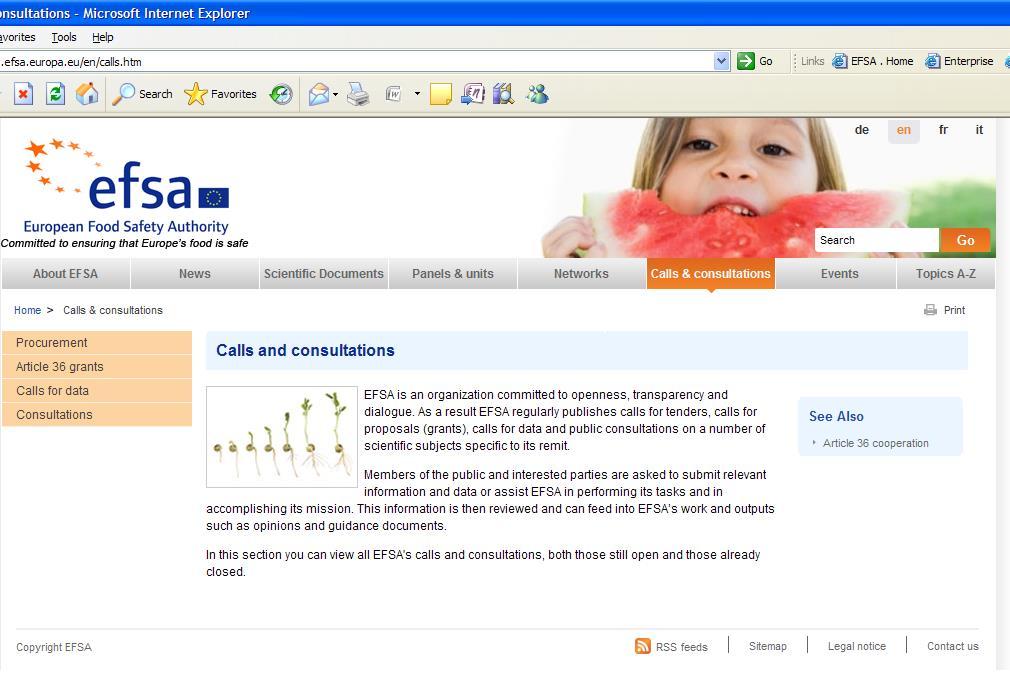 Online information on the EFSA web Calls planned for launch in current year