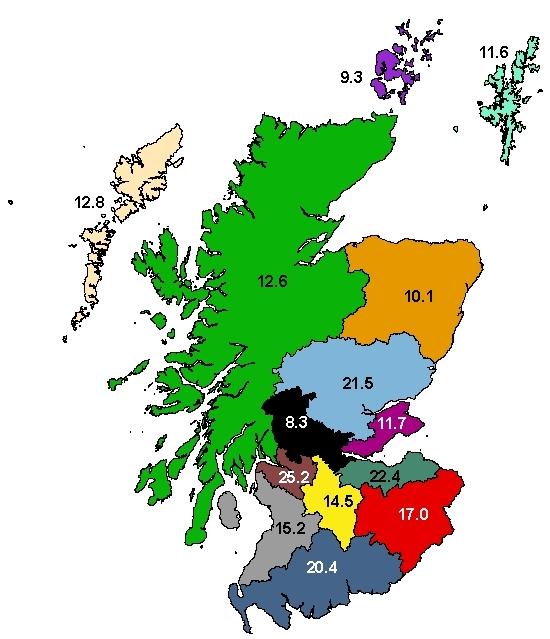 Figure 5: WTE per 100,000 of the population for CAMHS staff in NHSScotland as at 31 st December 2014, by NHS Board. NHS Ayrshire and Arran (15.2) NHS Borders (17.0) NHS Dumfries and Galloway (20.