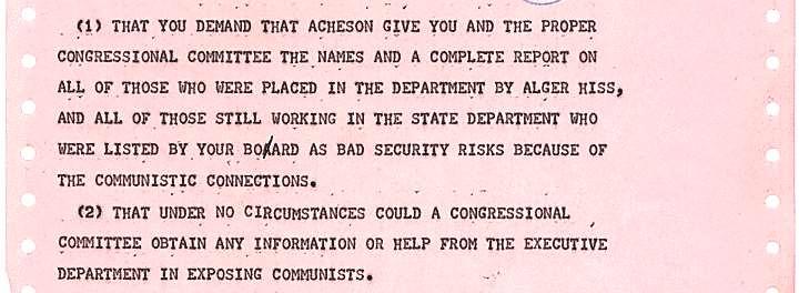 What accusations does Senator Joseph McCarthy make in this telegram to