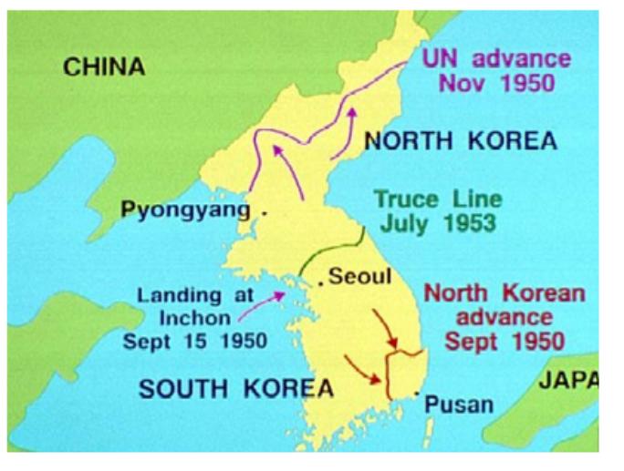 The U.N. passes a resolution to aid South Korea,only because the Soviet Union was not there.