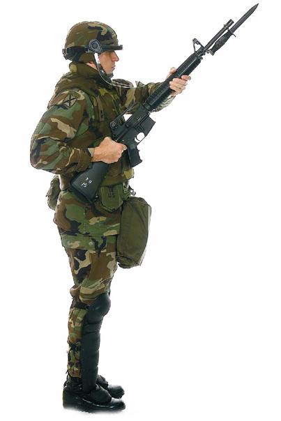 c. Hold the upper part of your left arm parallel with the ground, and bend your elbow so the forearm is straight up. d. Keep your right elbow close to the body. e. Position the heel of the rifle butt slightly to the right of your right shirt pocket.
