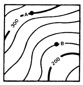 b. You can easily tell from the brown lines the direction of uphill or downhill because every fifth line is heavier and has a number that gives its elevation.