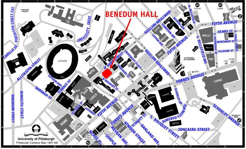 Parking: Consider parking in either O Hara Parking garage (across the street from Benedum Hall) or Soldiers and Sailors parking garage. Street parking is also free after 6 pm if available.