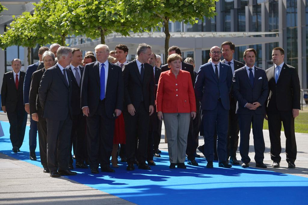 NATO heads of states arrive for the unveiling ceremony of the Berlin Wall monument, during the NATO summit at the NATO headquarters, in Brussels, on May 25, 2017. MANDEL NGAN/AFP/Getty Images U.S.