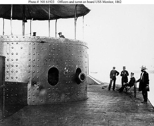 Featured Source Source C: U.S.S. Monitor Revolving Gun Turret, 1862 T The Monitor crew poses with the ship in 1862 (note the dents in the Monitor's turret sustained during the Battle of Hampton Roads.