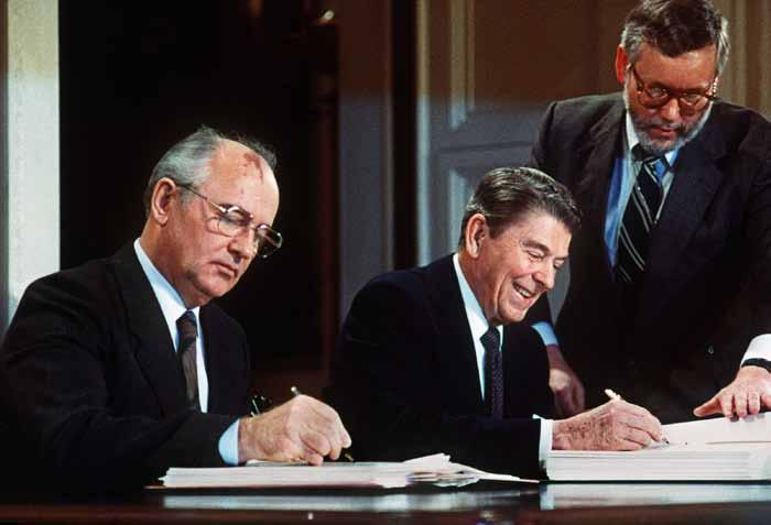 AFP/Getty Images Soviet leader Mikhail Gorbachev (left) and U.S.President Ronald Reagan sign the Intermediate-Range Nuclear Forces Treaty in Washington on December 8, 1987, slightly more than a year after their meeting in Reykjavik.