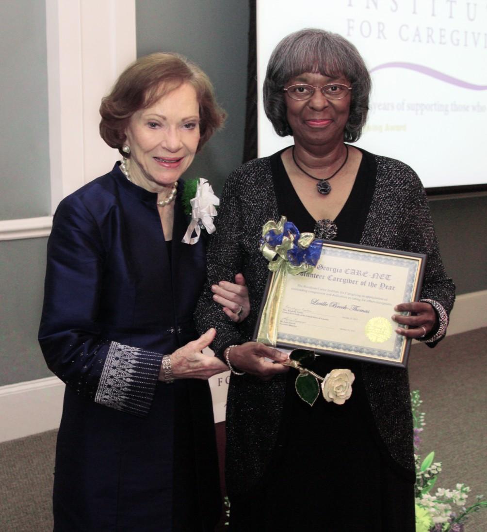 Lucille Brock-Thomas receives Georgia Volunteer Caregiver of the Year Award from Mrs. Rosalynn Carter. Fifteen years ago, Ms.