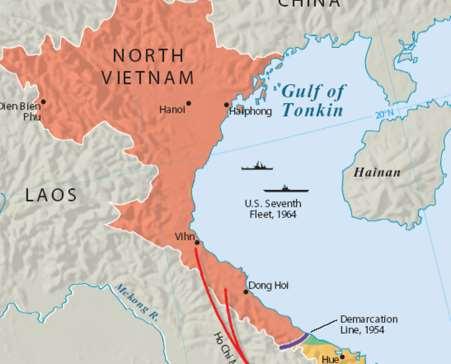 Gulf of Tonkin Two US ships report exchange in fire with North Vietnamese ships In water they shouldn t be First incident real, second totally made up Allows for LBJ (who supports the war) to pass