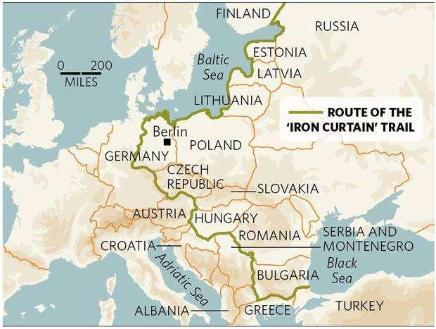 Iron Curtain- a metaphor- the imaginary boundary dividing Europe in two separate areassymbolizes the efforts the Soviet Union took to block itself and their satellite states