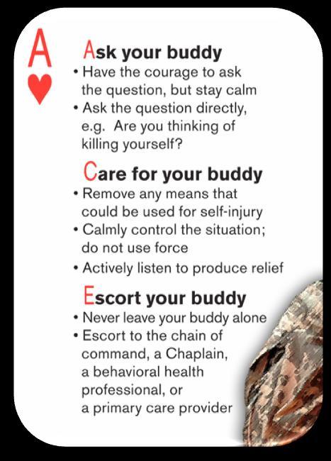 garrison or while deployed. The ACE model can help fellow Soldiers intervene with someone who may be at risk of suicide (see Figure C-1). Figure C- 1.