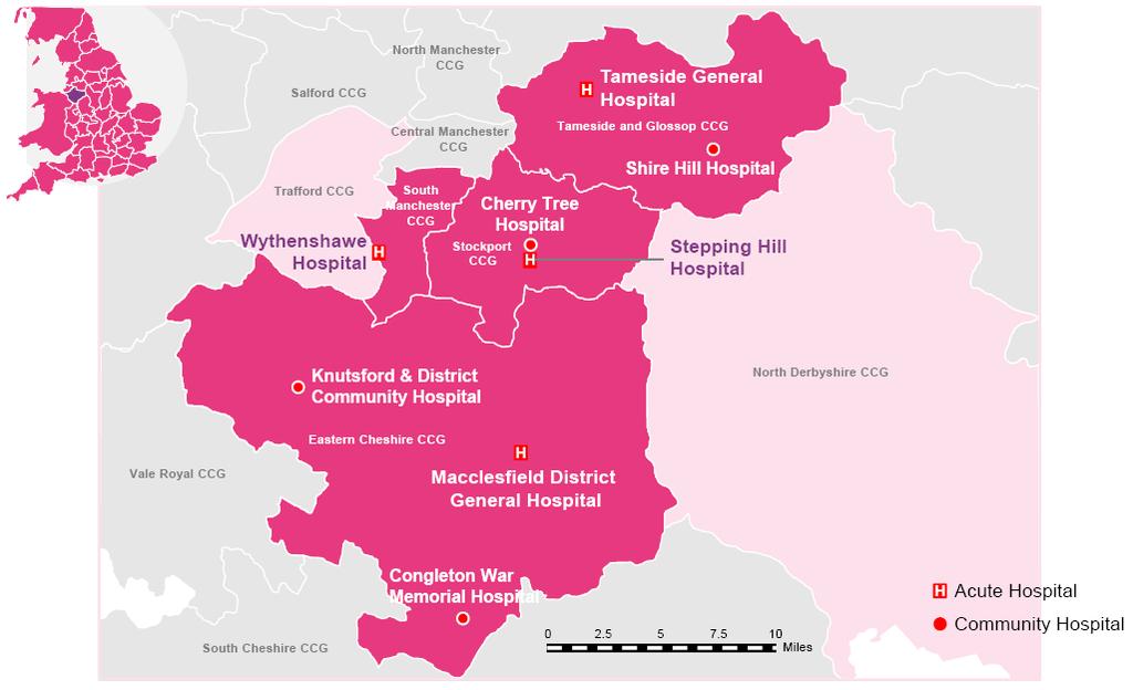 Figure Three: Access to hospital services across Eastern Cheshire and Greater Manchester At the end of 2012 we came together with Cheshire East Council and other partners to launch the Caring