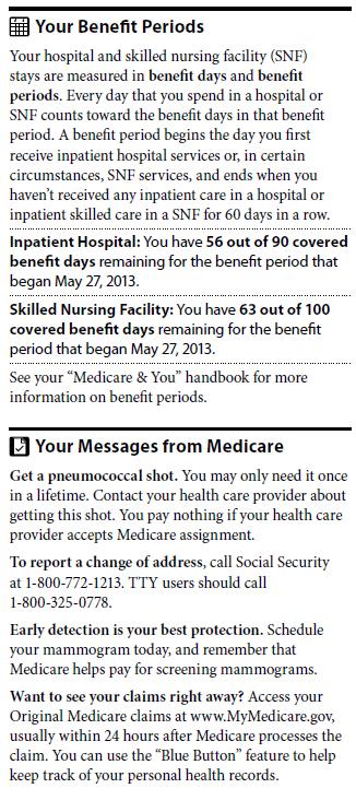 5 Benefit Periods. This section explains how the Part A benefit period works. It also reports the number of covered inpatient hospital and SNF days that remain in the benefit period.