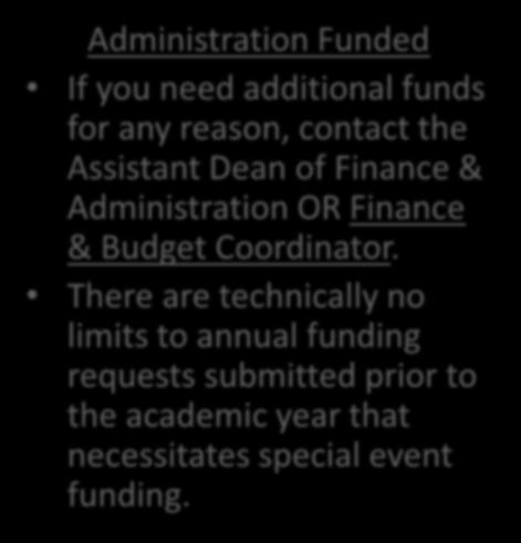 Administration Funded If you need additional funds for any reason, contact the Assistant Dean of Finance & Administration OR Finance & Budget