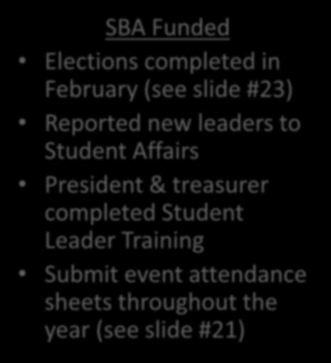 Qualify for Funds SBA Funded Elections completed in February (see slide #23) Reported new