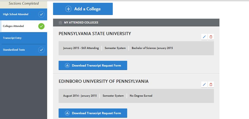In the Colleges Attended tab, applicants can list what Colleges and/or Universities they may have attended for academic credit.