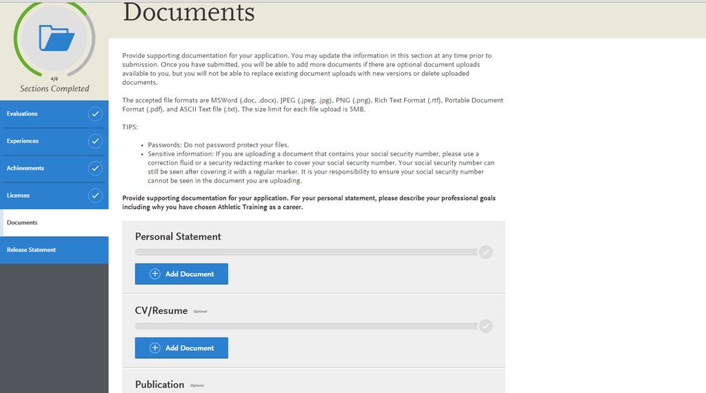 The Documents tab is where applicants will upload the required personal statement, and resume. A publication is NOT needed.