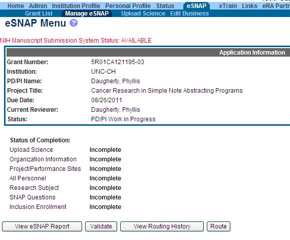 Completing the esnap Once all esnap tabs are completed and saved, go to the Manage esnap tab and select the Validate button to check for any errors or ommisions.