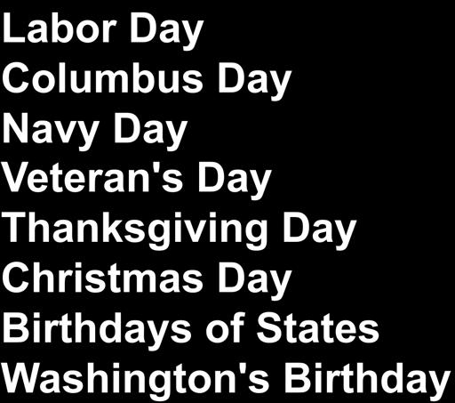 Columbus Day Navy Day Veteran's Day Thanksgiving