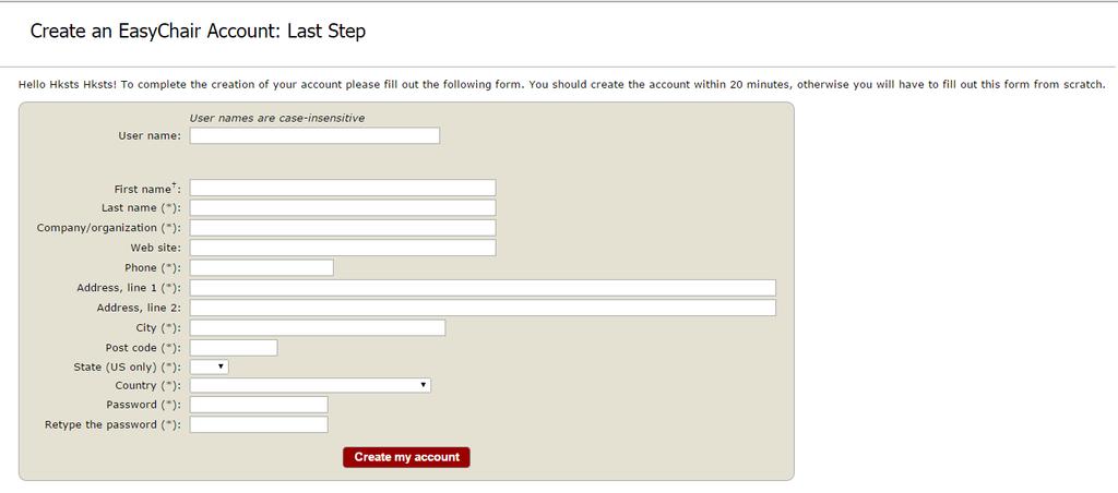 2.5. Fill in the required information to finish the registration process. Then click Create my account. Please note that you should finish this step within 20 minutes.