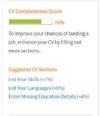 Once you have filled out all necessary information, your CV completeness score on the right panel of the page reflects the same. A confirmation message informs that your CV is now complete.