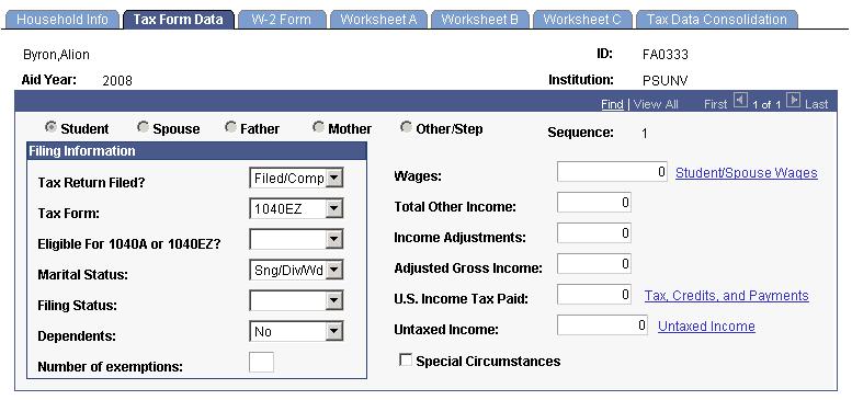 Entering Income Adjustments for Form 1040EZ Access the Tax Form Data page.