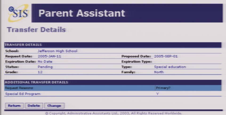 Screen: Transfers The parent can Add a building transfer request for their child by filling out all of the required fields (also shown on the