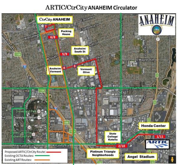 The new ART service route will originate at ARTIC with 11 stops at the following locations: 1. ARTIC 2. State College Boulevard/Katella Avenue 3. Vermont Avenue/Olive Street 4.