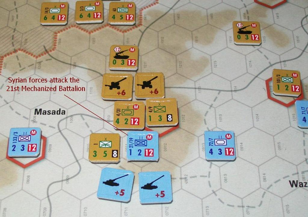 Both players expend two artillery chits. The attack stalls and has no effect. A second counterattack is launched against the 4 th Brigade which is deployed in the broken terrain north of Wazit.