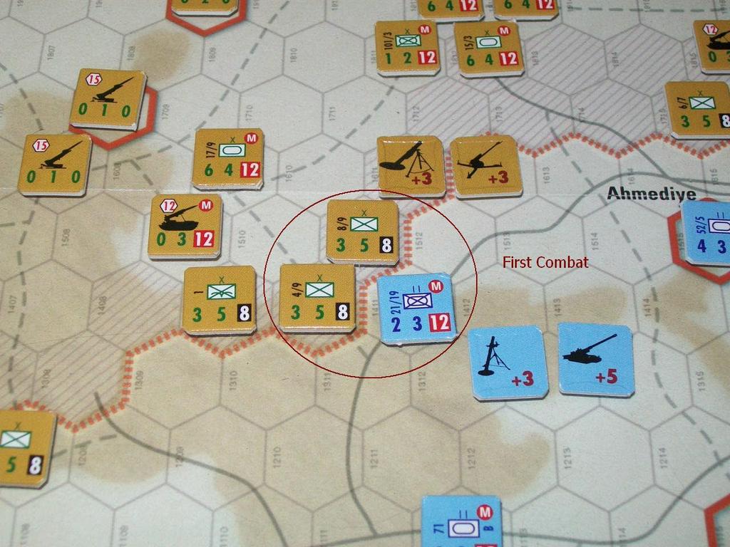 Another battle erupts on the southern end of the map: The Syrian 3 rd Division has two brigades in contact with the Israelis at Rafid. Both sides employ two support chits. The combat results in a D2.