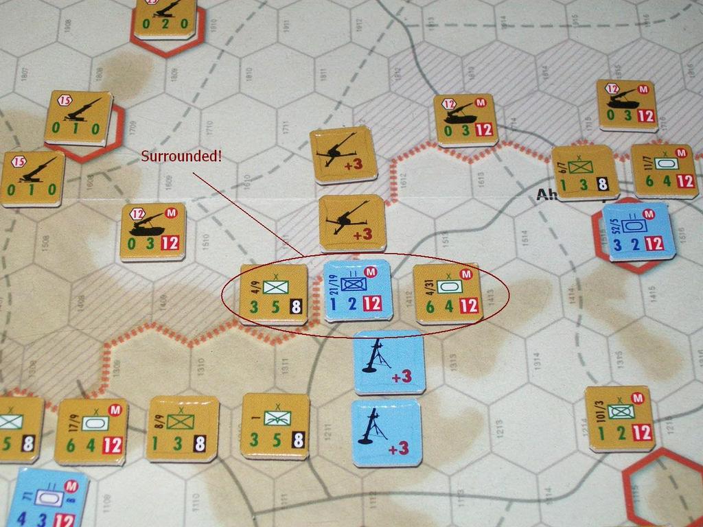 The combat result is in an exchange; The Israeli unit is eliminated, and the 12/1 Brigade is reduced. Along the Masada-Ahmediye Road, the Syrians have surrounded the Israeli 21/19 Battalion.