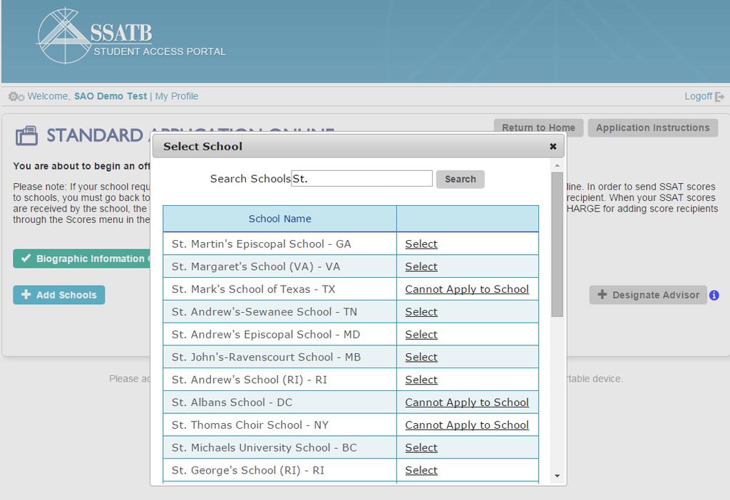 Adding Schools 1. Once the Biographic Section is complete, you can begin the process of selecting schools to apply to by selecting the + Add Schools icon. 2.