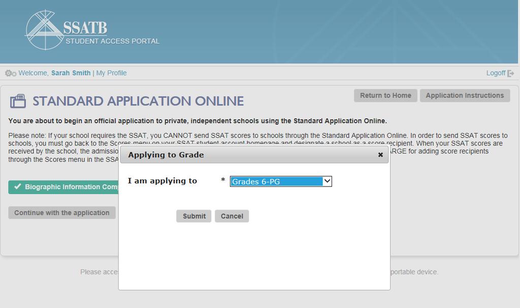 Continuing the Application Select the grade grouping that you are applying to from the drop down menu.