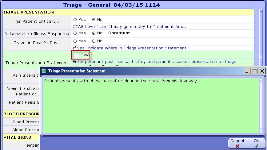 Triage Presentation Statement Where there is a Text or Comment box to document in such as the triage presentation statement, clicking on the box next to the word Text or Comment will open a free text