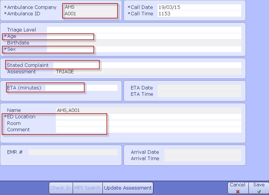 o Upon filing, the patient name will appear in the appropriate trackers. EMS This screen will automatically appear if accessing the Reception routine directly from the Incoming tracker.