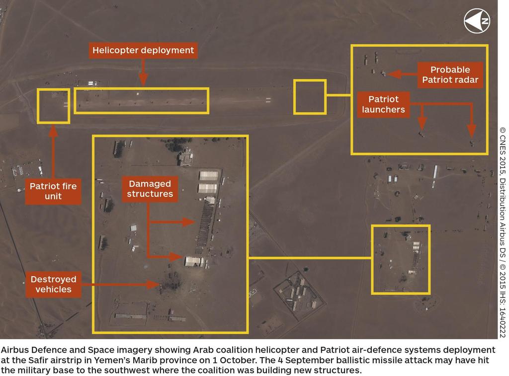 Airbus Defence and Space imagery showing Arab coalition helicopter and Patriot air-defence systems deployed at the Safir airstrip in Yemen's Marib province on 1 October.