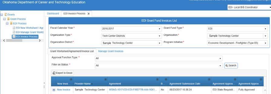 Invoicing Step 8: EDI Grant Fund Invoices List - After hitting the Search button,