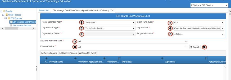 Making an EDI Change Request Step 7. Complete the EDI Grant Fund Worksheets List form. The tagged numbers on the screen shot correspond to the instruction steps below.