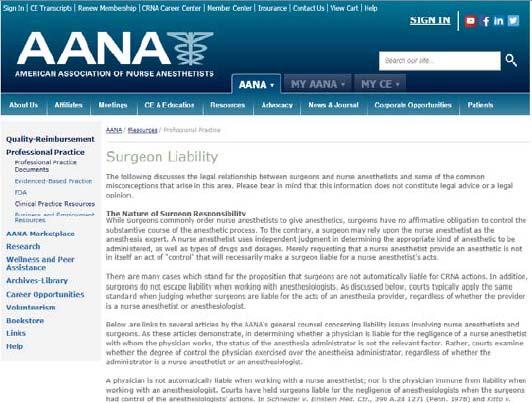 Practice Responsibility AANA / Resources / Professional Practice Blumenreich, G.A. Another article on the surgeon s liability for anesthesia negligence.