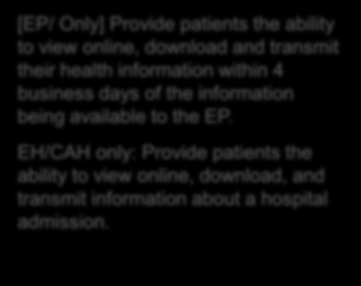 Patient Access [EP/ Only] Provide patients the ability to view online, download and transmit their health information within 4 business days of the information being available to the