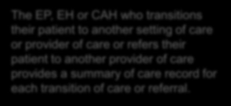 Summary Care Record The EP, EH or CAH who transitions their patient to another setting of care